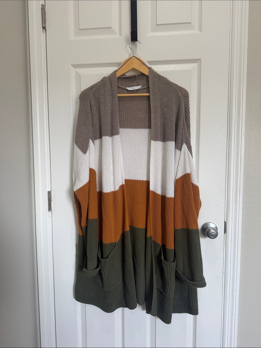Colorblock Open-Front Cardigan Sweater - Taupe, White, Rust, Olive